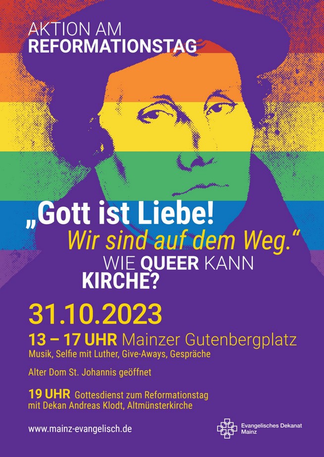 Plakat mit Martin Luther und Regenbogenhintergrund