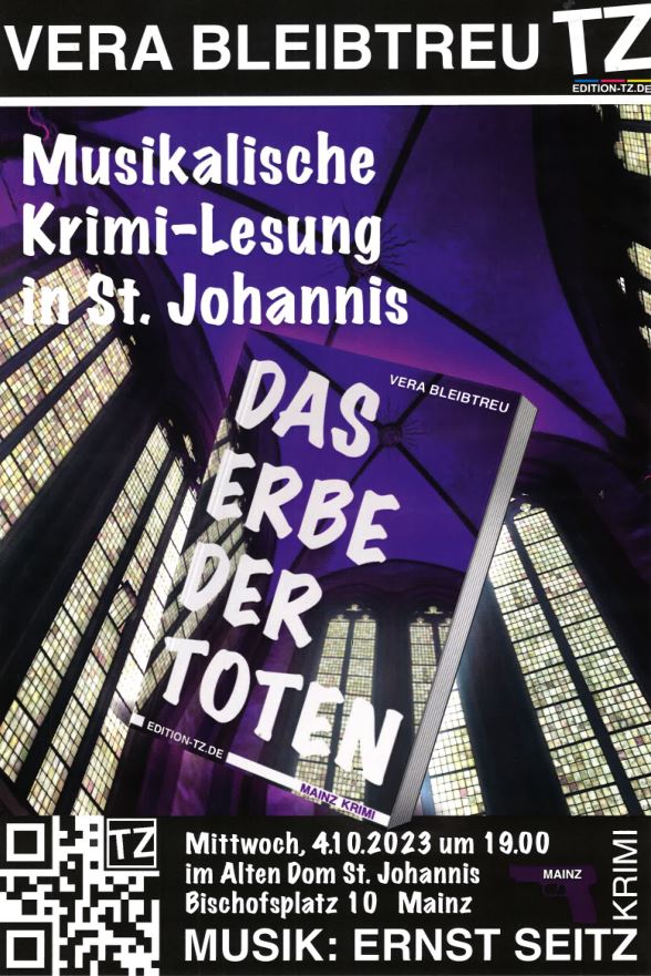 Plakat mit beleuchteten Fenstern des Alten Doms St. Johannis und in der Mitte in die Szene eingebettetem Buch